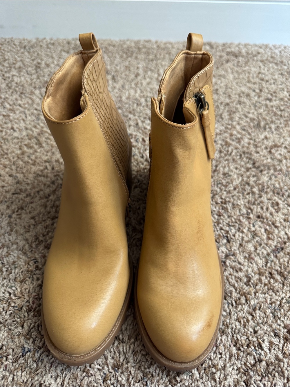 BareTraps Tan Croc-Panel Ankle Booties